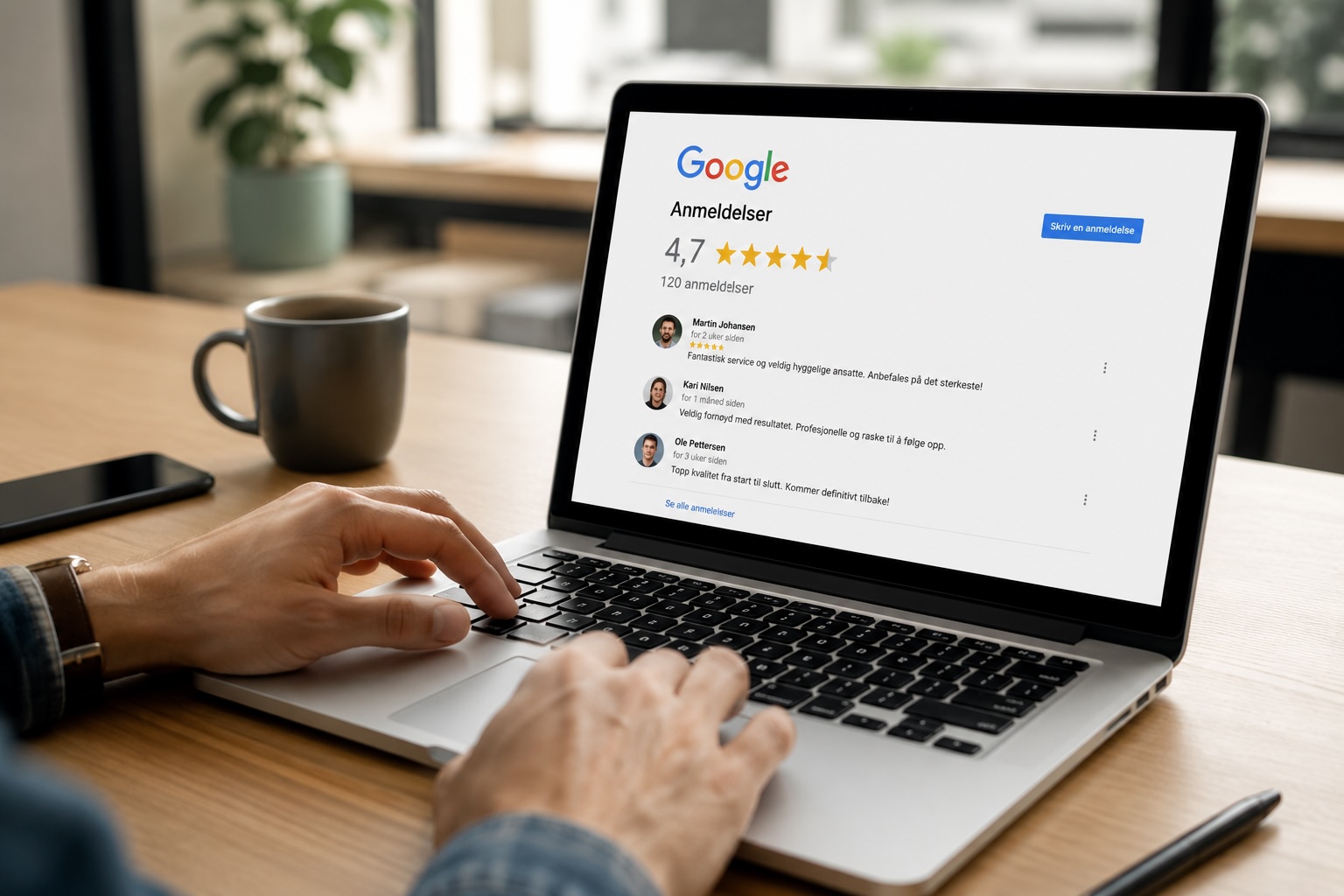 Eier av bedriften sjekker Google-anmeldelser